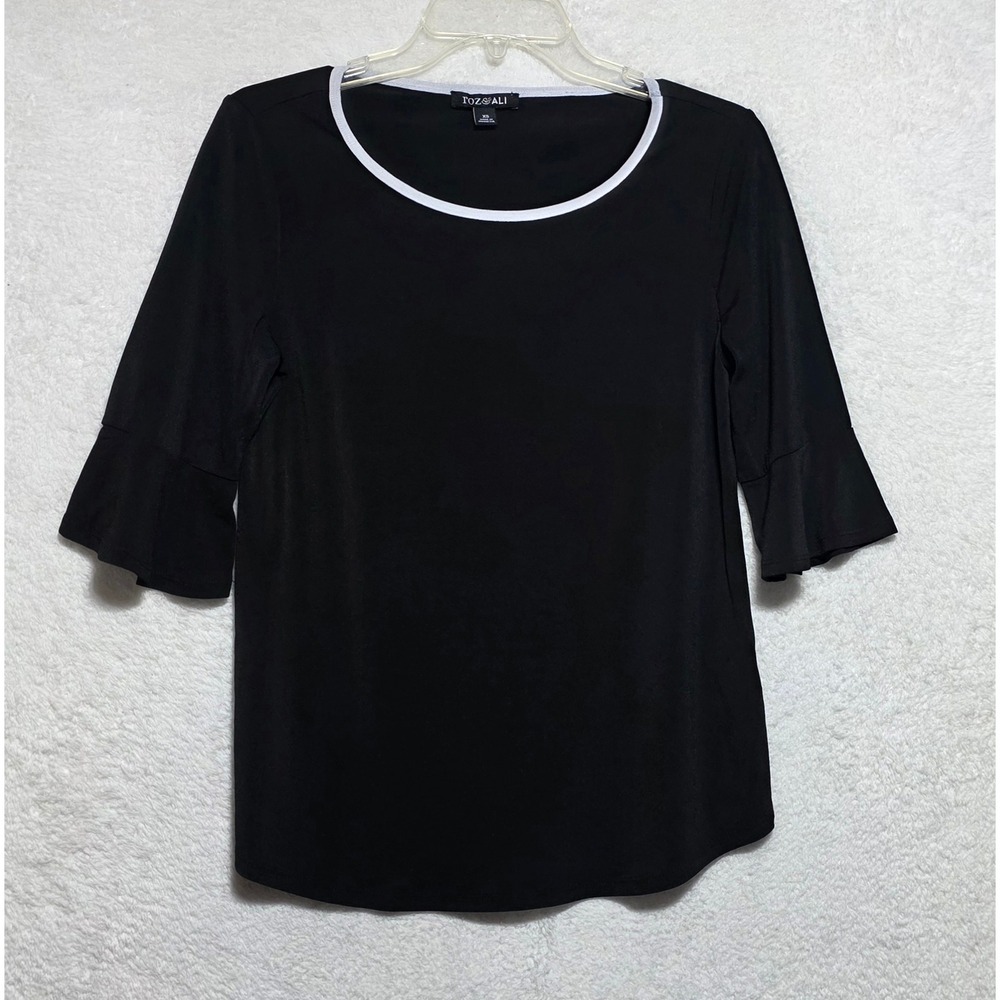 Roz & Ali Women's Black Bell Sleeve Scoop Neck Top White Trim Size XS
